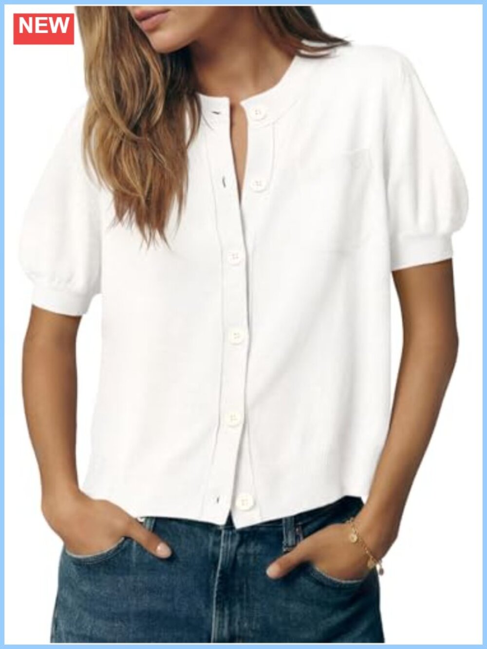 Women's Puff Short Sleeve Button Down Cardigan Crew Neck Lightweight Summer
